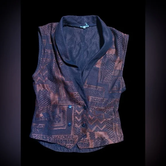 80’s Collared Black and Bronze Sleeveless Vest - Picture 2 of 10